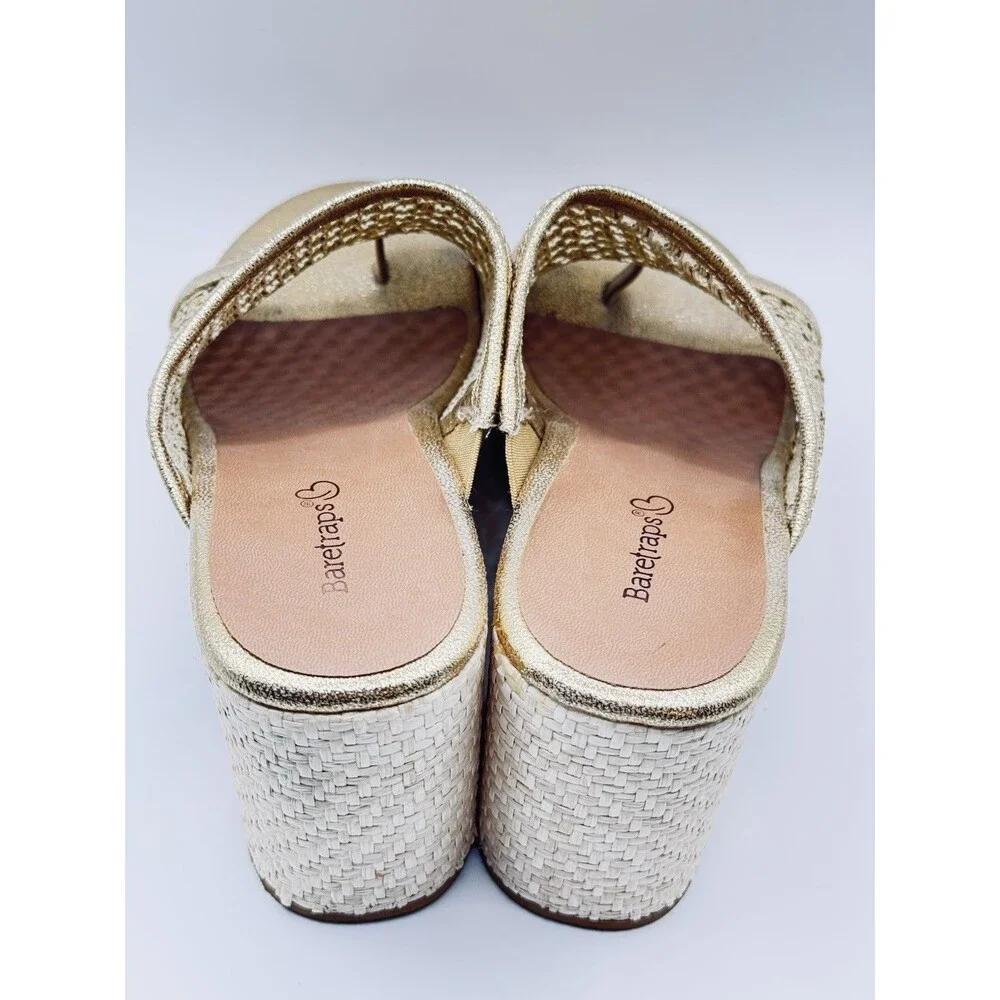 Baretraps Womens Size 7 Gold Metallic Platform Sandals Woven Boho 3” Heel